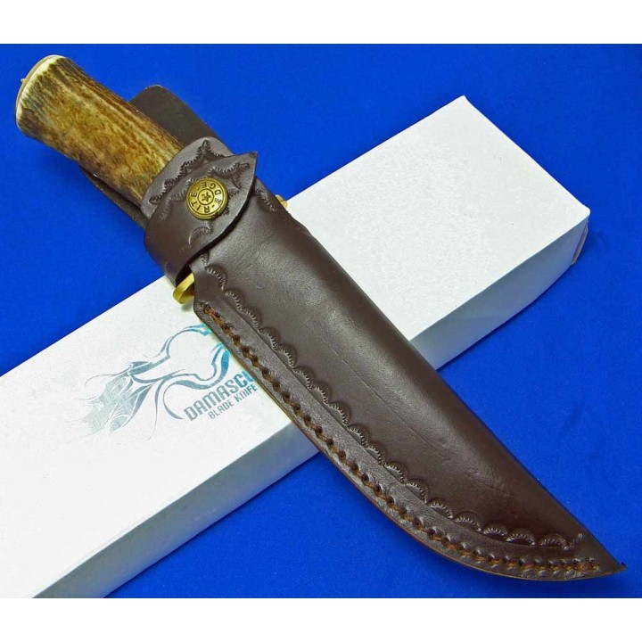 Couteau de Chasse Damas 256 Couches Manche Bois de Cerf Etui Cuir DM1043 - Livraison Gratuite 