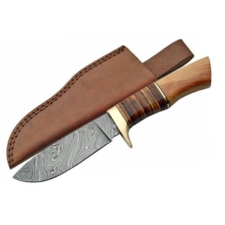 Couteau Damas Hunter Wood/Leather Handle Lame Acier 256 Couches Etui Cuir DM1100 - Livraison Gratuite
