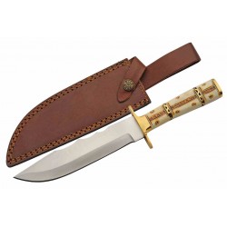  Couteau de Chasse Trappeur Western Hunter Bone Manche Os Lame Acier Inox Etui Cuir PA203499 - Livraison Gratuite