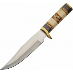  Couteau de Chasse Trappeur Ring Bone Hunter Manche Os Lame Acier Inox Etui Cuir PA203496 - Livraison Gratuite
