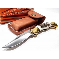 Couteau Ole Smoky Stag Manche Os Lame Acier Inox Lockback Etui Cuir OS89 - Livraison Gratuite