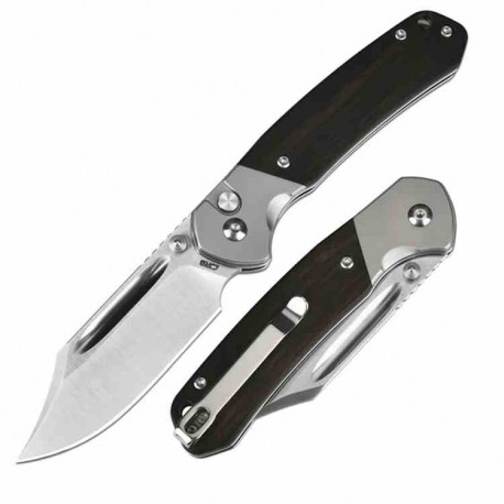 Couteau CJRB Pyrite Bowie Ebony Manche Bois Lame Acier AR-RPM9 Sand Polish IKBS Button Lock Clip J1942EBN - Livraison Gratuite