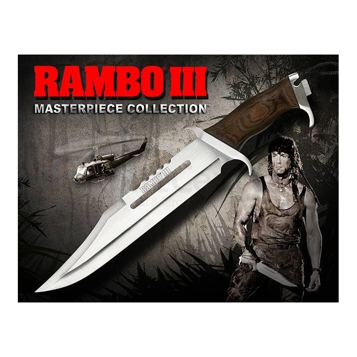 Couteau Rambo III Standard Edition Lame Acier Inox Manche Bois Etui Cuir RB9296 - Livraison Gratuite