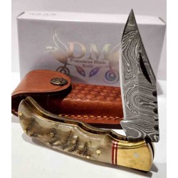 Couteau de Chasse Damas Pliant Lame Damas Manche Corne de Bélier Étui Cuir DM1385 - Livraison Gratuite