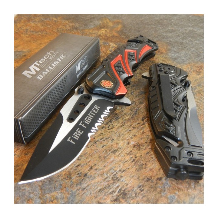 Couteau de Pompier Fire Fighter Acier 440 Serrated Manche Alu Cutter Brise Vitres MTA865FD - Livraison Gratuite