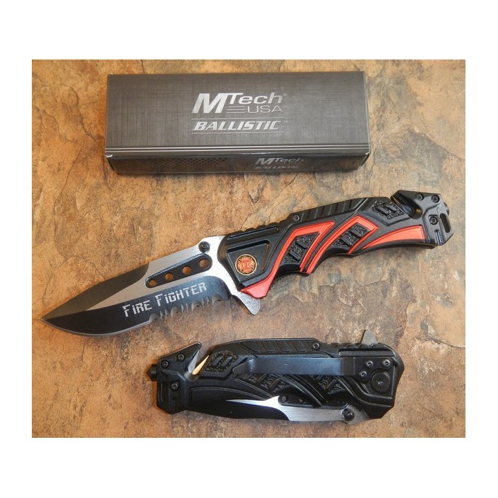 Couteau de Pompier Fire Fighter Acier 440 Serrated Manche Alu Cutter Brise Vitres MTA865FD - Livraison Gratuite
