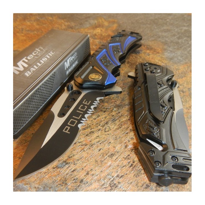 Couteau de Police Mtech Lame Acier 440 Serrated Manche Alu Cutter & Brise Vitres MTA865PD - Livraison Gratuite