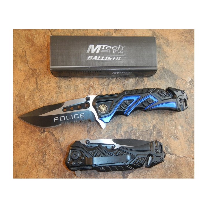 Couteau de Police Mtech Lame Acier 440 Serrated Manche Alu Cutter & Brise Vitres MTA865PD - Livraison Gratuite