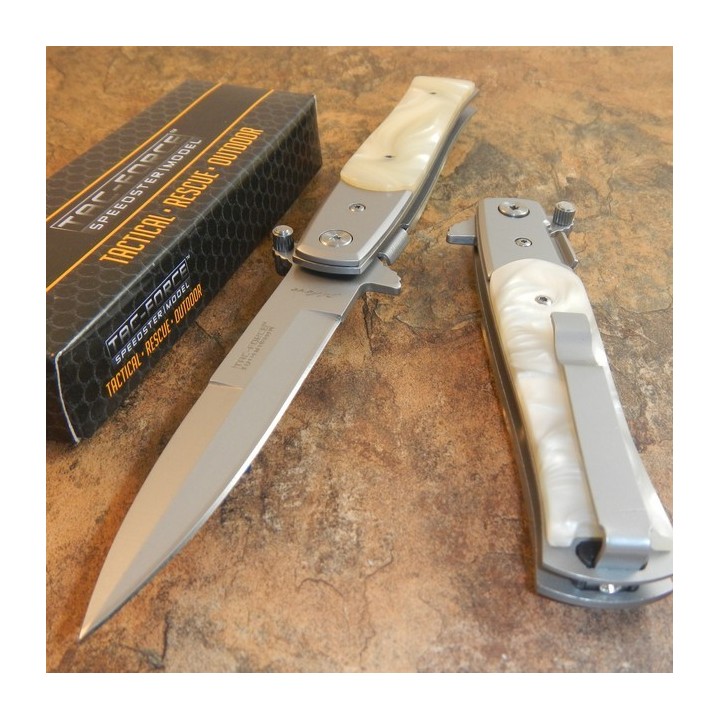Couteau Stiletto Tac Force Milano A/O Lame Acier Inox Manche Abs Façon Perle TF428S - Livraison Gratuite