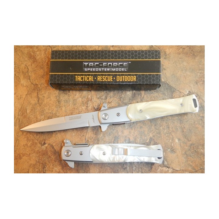 Couteau Stiletto Tac Force Milano A/O Lame Acier Inox Manche Abs Façon Perle TF428S - Livraison Gratuite