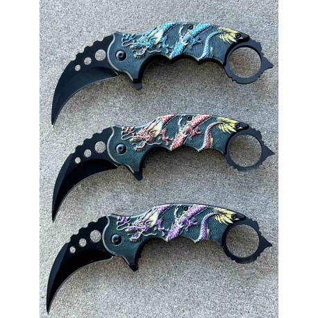 Lot de 3 Couteaux Karambit Elitedge A/O, Lame Acier Inox Manche Dragons EE10A52PE-EE10A52BL-EE10A52RD - Livraison Gratuite