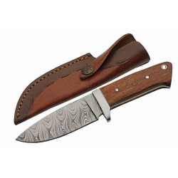 Couteau de Chasse Lame Drop Point Acier Damas Manche Bois Etui Cuir DM1335 - Livraison Gratuite