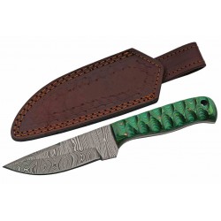 Couteau de Chasse Green Exotic Lame Acier Damas Manche Bois Etui Cuir DM1290GN - Livraison Gratuite