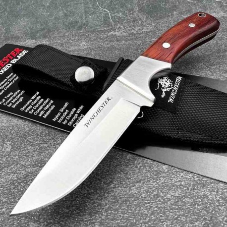Couteau de Chasse Randonnée Winchester Hunter Lame Acier Inox Satin Manche Bois Etui Nylon G41340 - Livraison Gratuite