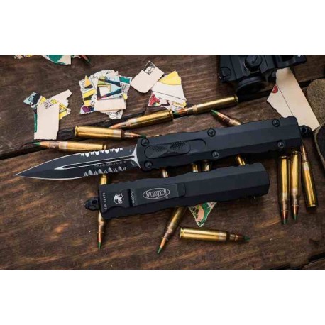 Couteau Automatique OTF Microtech Dirac Delta Lame Dague M390 Noire Serr Manche Alu Noir USA MCT2272T - Livraison Gratuite