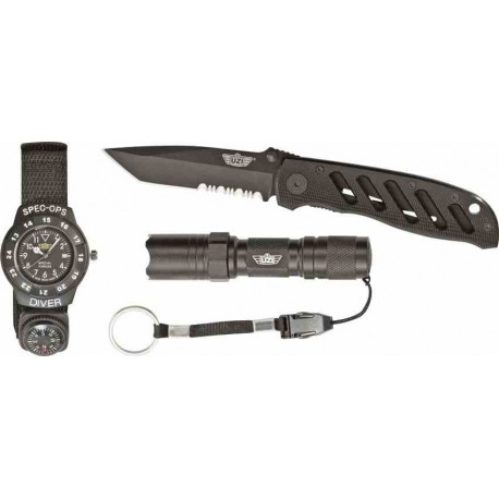 Coffret UZI Special Forces Lampe Couteau Pliant Tanto Montre Defender avec Boussole UZISFS1 - Livraison Gratuite