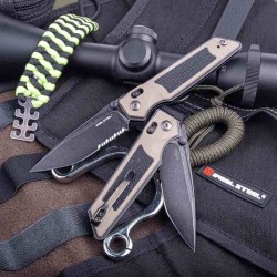 Couteau Real Steel Sacra TAC Manche G10 Tan/Noir Lame Tanto Acier K110 Black Slide Lock KIVT RS7713CB - Livraison Gratuite