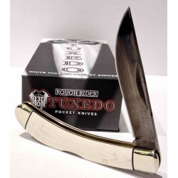 Couteau Rough Rider Tuxedo Slip Joint Bow Trapper Lame Clip Point Acier 440 Manche Micarta Blanc RR2665 - Livraison Gratuite