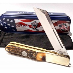 Couteau Queen Cutlery Barlow Lame Sheepsfoot Acier Carbone 1095 Manche Bois de Cerf Slip Joint USA QGSH180 - Livraison Gratuite 