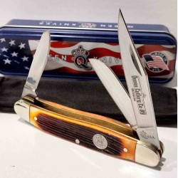 Couteau Queen USA Stockman 3 Lames Acier 1095 Carbone Manche Os Winterbottom Ambre Slip Joint USA QAWB47 - Livraison Gratuite
