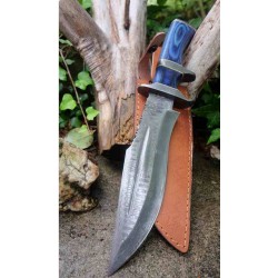 Gros Poignard De Chasse Fighter Lame Acier Damas 256 Couches Manche Bois Etui Cuir F Artisanale BBLue - Livraison Gratuite