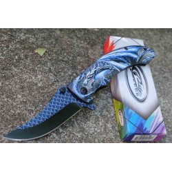 Lot de 3 Couteau Semi AUto Dragon Bleu Lame Recurve Inox Manche ABS Noir Linerlock Clip CN300551BL - Livraison Gratuite