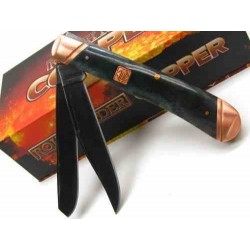 Couteau Rough Ryder Trapper Copper Bolster 2 Lames Acier 440A Manche Os Lisse Noir Slip Joint EDC RR1584 - Livraison Gratuite