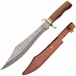 Couteau de Chasse Scimitar Hunter Lame Acier Damas 256 Couches Manche Bois/Laiton Etui Cuir DM1407 - Livraison Gratuite