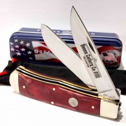 Couteau Queen USA Trapper Lames Acier Carbone 1095 Manche Os Rouge Made in USA Boite Métal QRSB206L - Livraison Gratuite