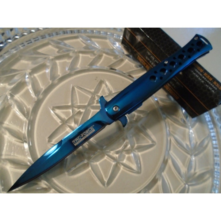 Couteau Stiletto Tac-Force A/O Bleu Lame Acier 440 Titane Manche Acier Linerlock TF884BL - Livraison Gratuite