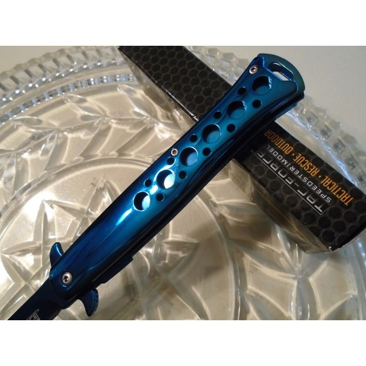 Couteau Stiletto Tac-Force A/O Bleu Lame Acier 440 Titane Manche Acier Linerlock TF884BL - Livraison Gratuite