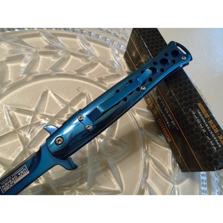 Couteau Stiletto Tac-Force A/O Bleu Lame Acier 440 Titane Manche Acier Linerlock TF884BL - Livraison Gratuite