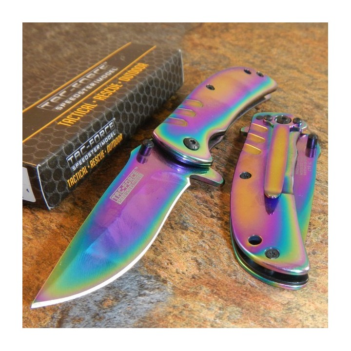 Lot de 3 Couteau Tac Force Framelock A/O Rainbow Lame & Manche Acier Finition Titane TF847RB - Livraison Gratuite