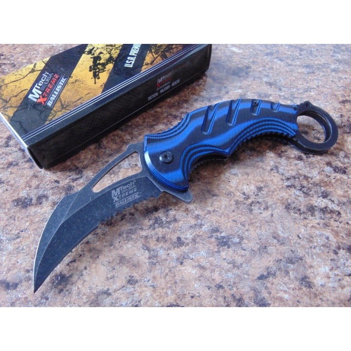 Couteau Mtech Karambit A/O Blue Lame Acier 440C Manche Blue & Black G-10 Linerlock MTXA833BL - Livraison Gratuite