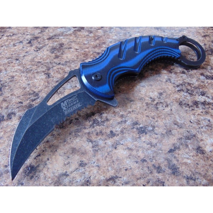 Couteau Mtech Karambit A/O Blue Lame Acier 440C Manche Blue & Black G-10 Linerlock MTXA833BL - Livraison Gratuite