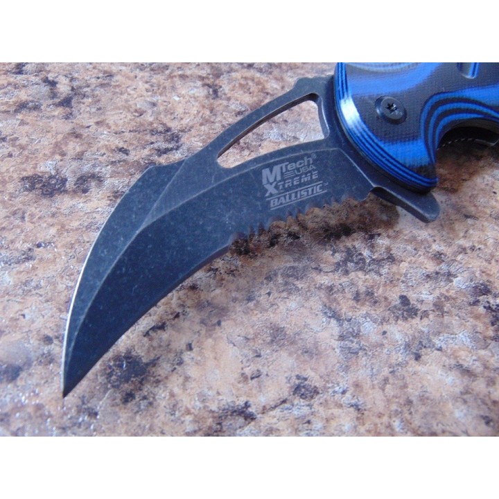 Couteau Mtech Karambit A/O Blue Lame Acier 440C Manche Blue & Black G-10 Linerlock MTXA833BL - Livraison Gratuite