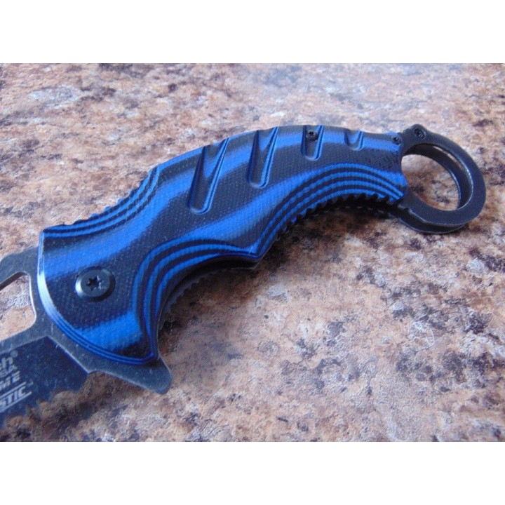 Couteau Mtech Karambit A/O Blue Lame Acier 440C Manche Blue & Black G-10 Linerlock MTXA833BL - Livraison Gratuite