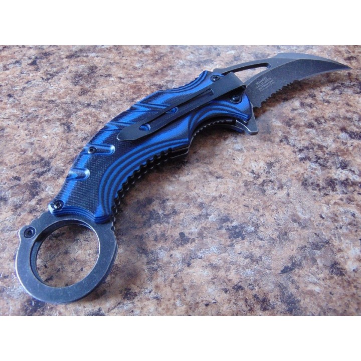 Couteau Mtech Karambit A/O Blue Lame Acier 440C Manche Blue & Black G-10 Linerlock MTXA833BL - Livraison Gratuite