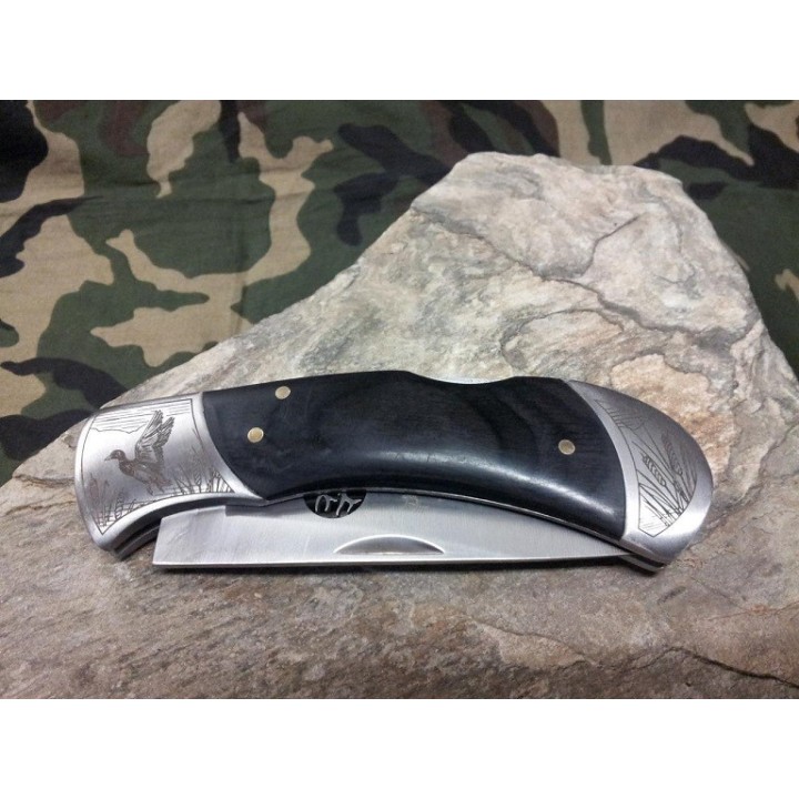 Couteau Elk Ridge Lockback Duck Acier Inox Manche Bois Décor Canard & Roseaux ER539D - Livraison Gratuite