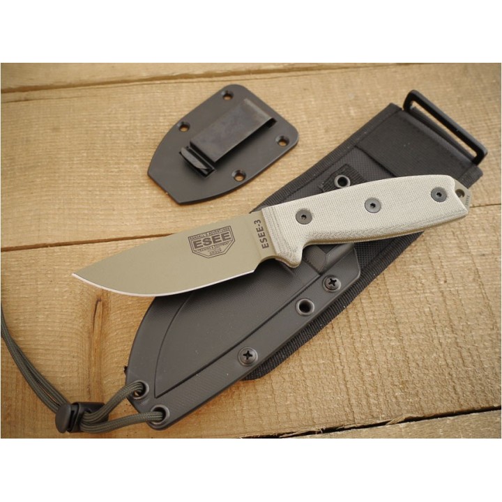 Couteau ESEE Model 3 Dark Earth Carbone 1095 Manche Micarta Etui Kydex + Molle USA ES3PMBDE - Livraison Gratuite