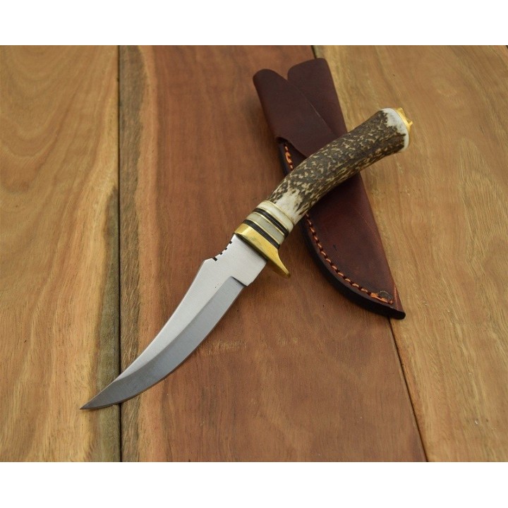 Couteau Skinner Lame Acier Carbone/Inox Manche Bois De Cerf Etui Cuir SS7002 - Livraison Gratuite