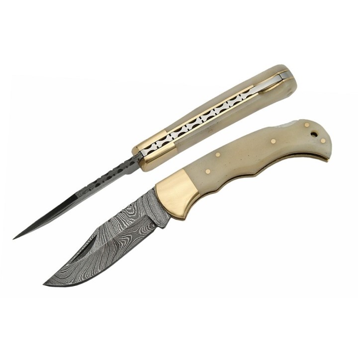 Couteau Damas Camel Bone Lockback Lame Damas 128 Couches Manche Os DM1110 - Livraison Gratuite