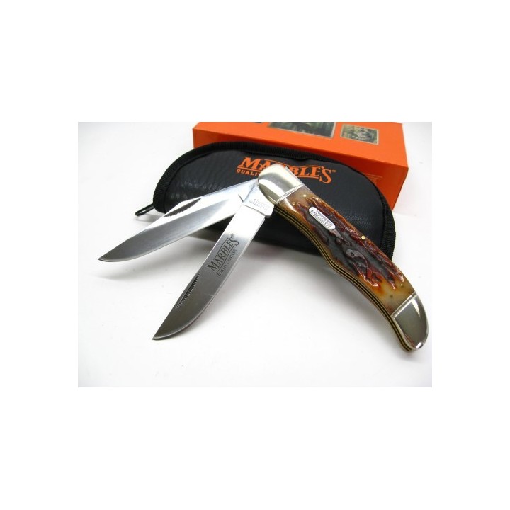 Couteau Marbles Folding Hunter 2 Lames Acier Carbone/Inox Manche Os Housse Collector MR118 - Livraison Gratuite