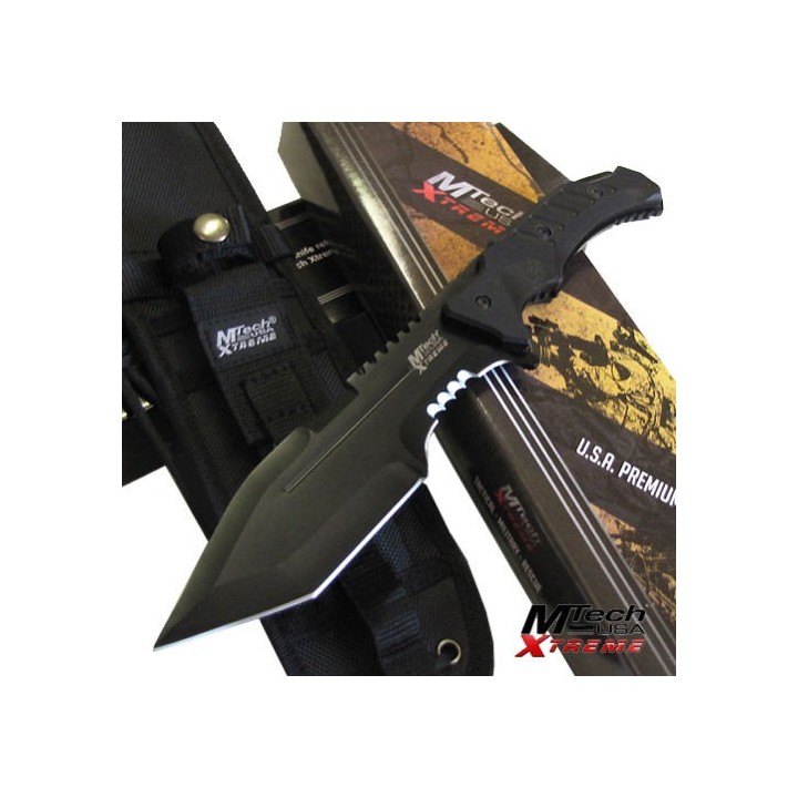 Couteau de Combat Mtech Trakker Tanto Lame Acier 440C Manche Black G-10 Etui Molle MTX8144 - Livraison Gratuite
