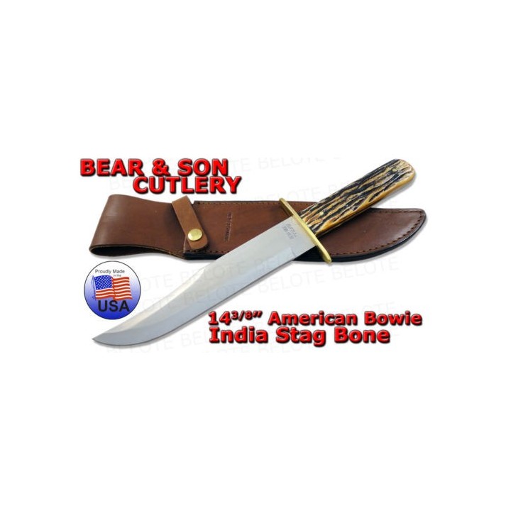 Couteau Bowie Bear & Son Lame Acier Carbone Manche Bois de Cerf Etui Cuir Made In USA BC502 - Livraison Gratuite