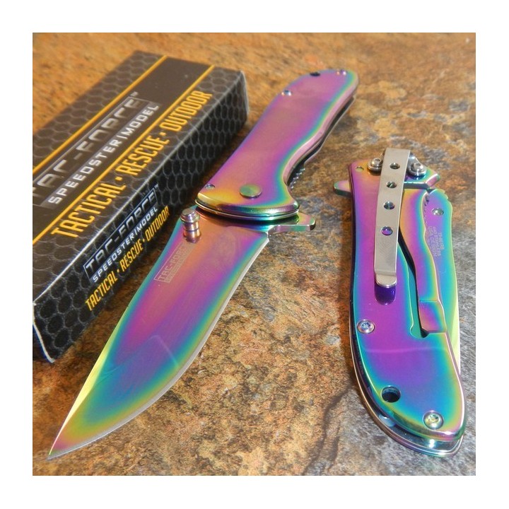 Lot de 3 Couteaux Tac Force A/O Lame Acier Rainbow Titane Manche Acier TF861RB - Livraison Gratuite