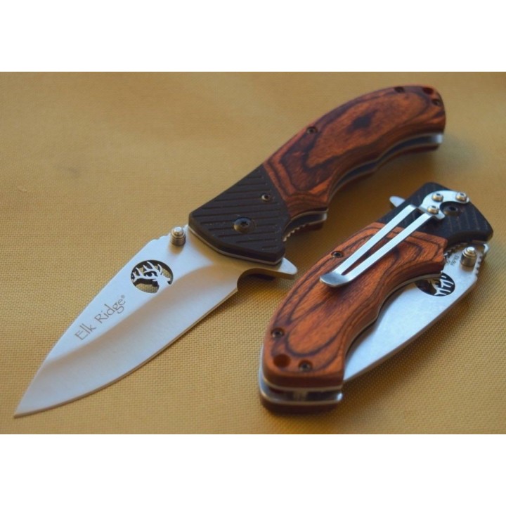 Couteau de Chasse Pliant Elk Ridge Lame Acier 440 Manche Bois & G-10 ER566SPW - Livraison Gratuite