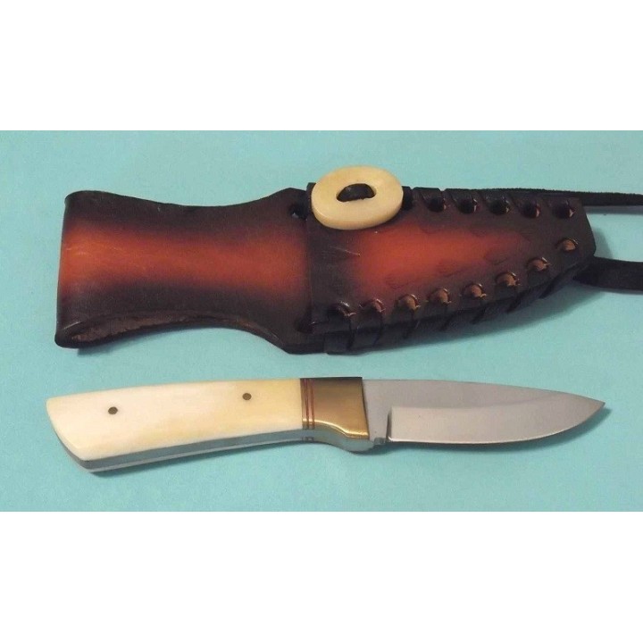 Couteau de Chasse Skinner Lame Acier Carbone/Inox Manche Os Etui Cuir PA7980 - Livraison Gratuite