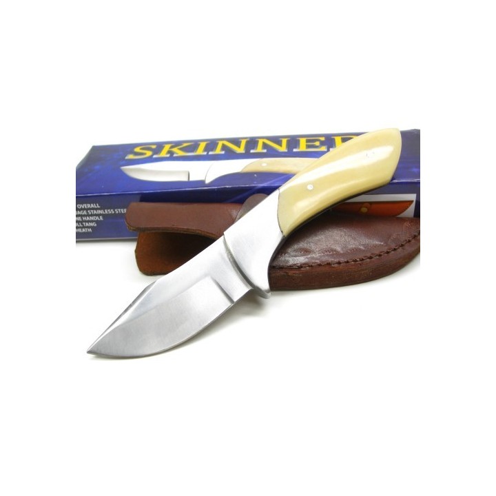 Couteau de Chasse Skinner Lame Acier Carbone/Inox Manche Os Etui Cuir PA3343 - Livraison Gratuite