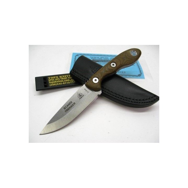 Couteau TOPS Scandi Trekker 3.5 Carbone 1095 Manche Micarta Etui Cuir Made USA TPSTREK35 - Livraison Gratuite